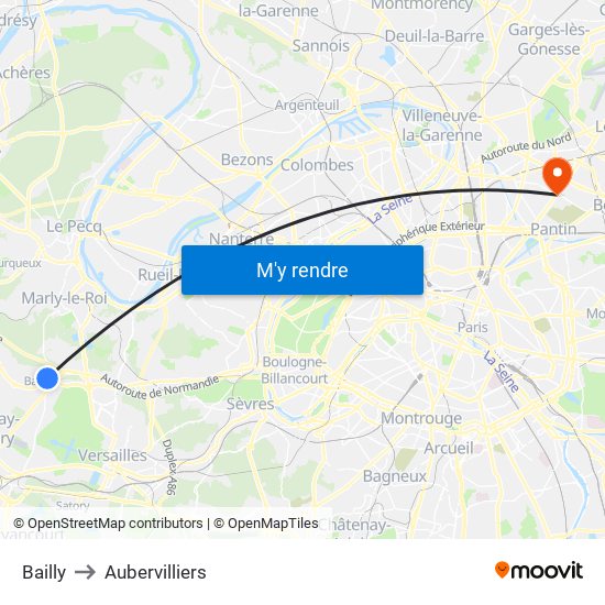 Bailly to Aubervilliers map