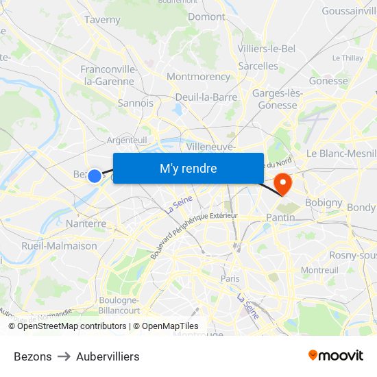Bezons to Aubervilliers map
