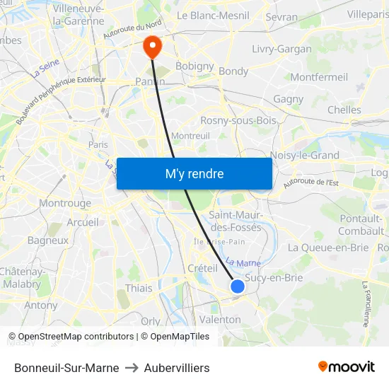 Bonneuil-Sur-Marne to Aubervilliers map