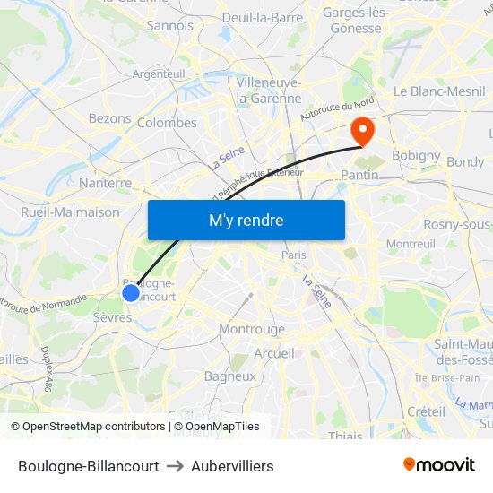 Boulogne-Billancourt to Aubervilliers map