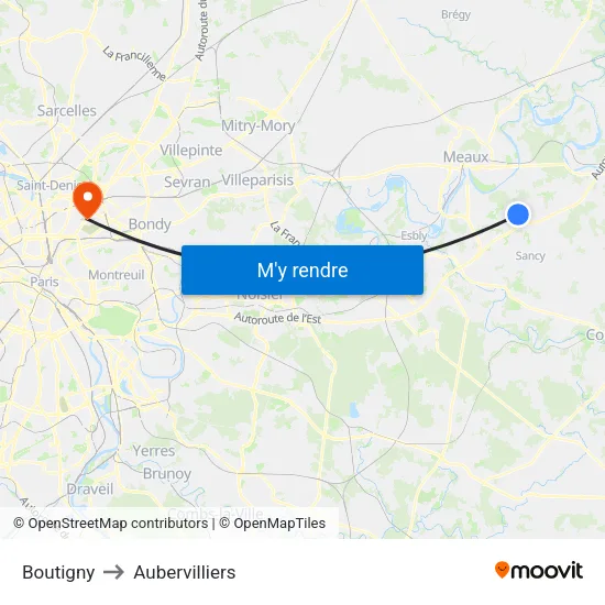 Boutigny to Aubervilliers map