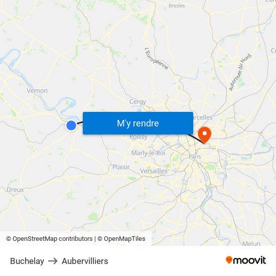 Buchelay to Aubervilliers map
