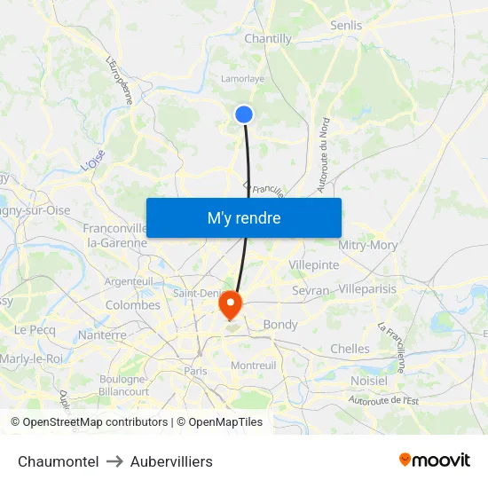 Chaumontel to Aubervilliers map