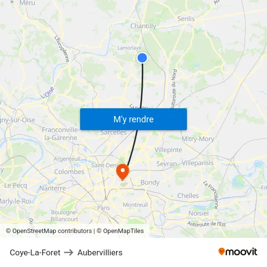 Coye-La-Foret to Aubervilliers map