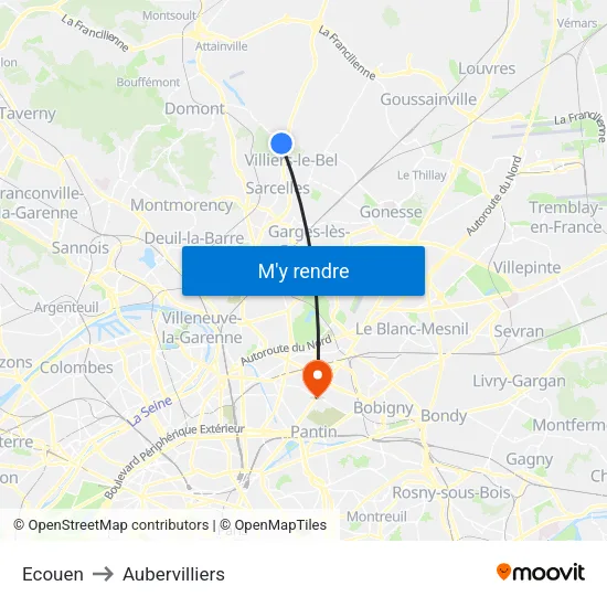 Ecouen to Aubervilliers map