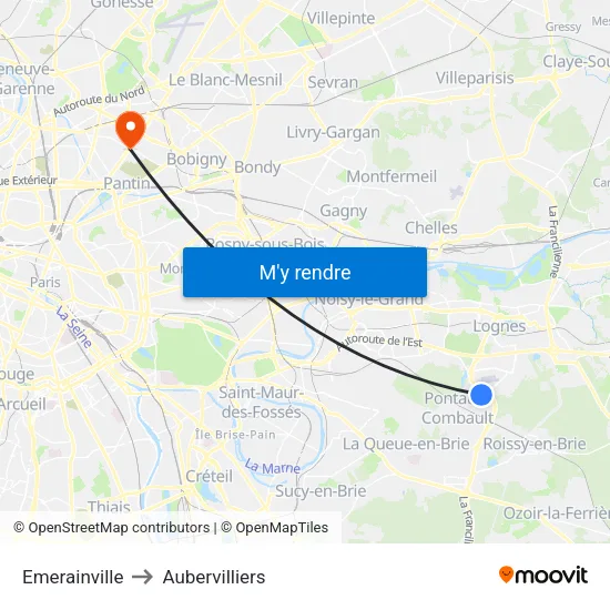 Emerainville to Aubervilliers map