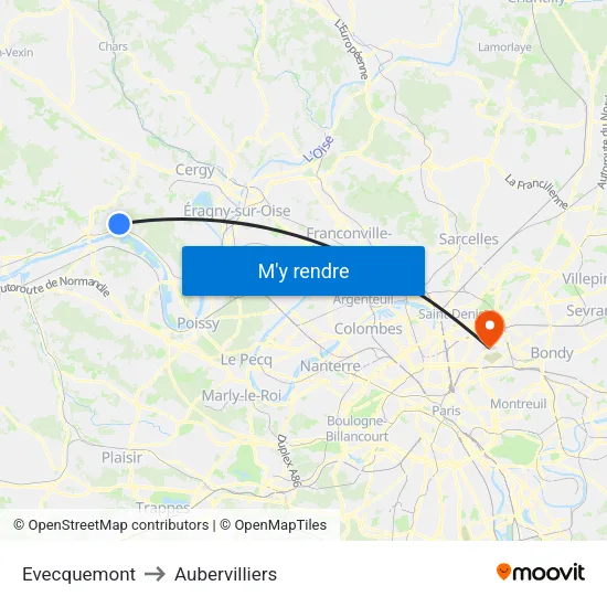 Evecquemont to Aubervilliers map