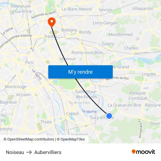 Noiseau to Aubervilliers map