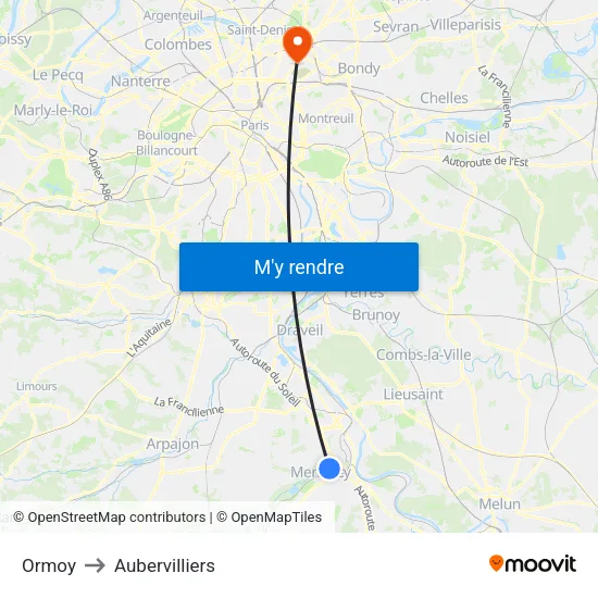 Ormoy to Aubervilliers map