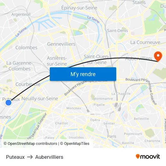 Puteaux to Aubervilliers map