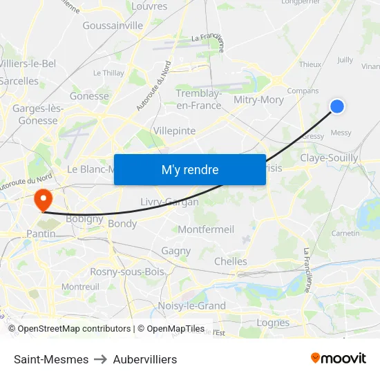 Saint-Mesmes to Aubervilliers map