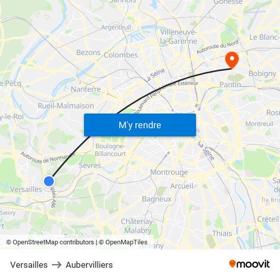 Versailles to Aubervilliers map