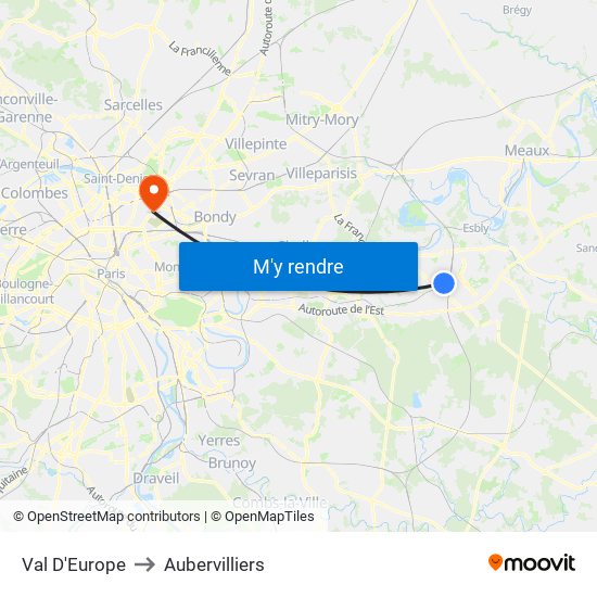 Val D'Europe to Aubervilliers map