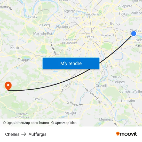 Chelles to Auffargis map