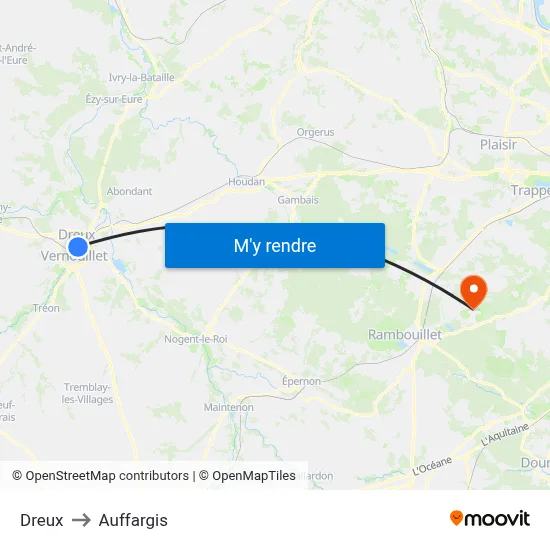 Dreux to Auffargis map