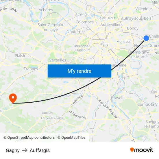 Gagny to Auffargis map