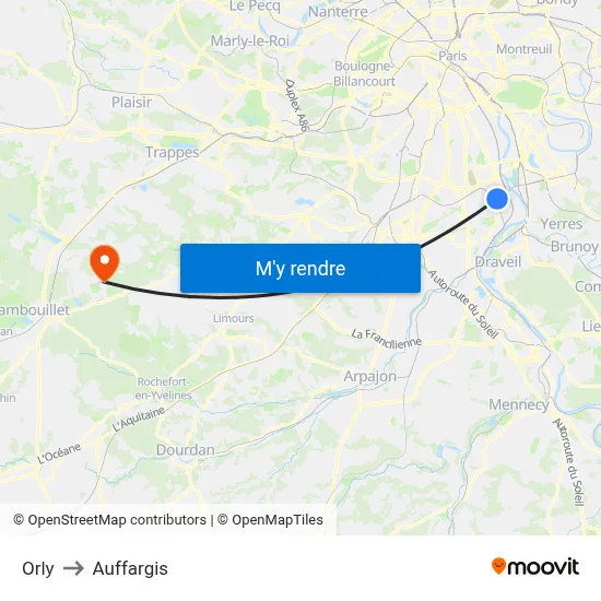 Orly to Auffargis map