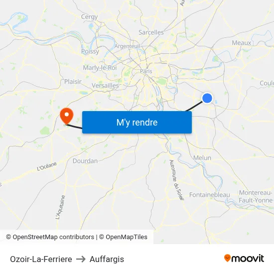 Ozoir-La-Ferriere to Auffargis map