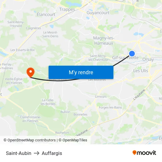 Saint-Aubin to Auffargis map