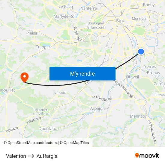 Valenton to Auffargis map