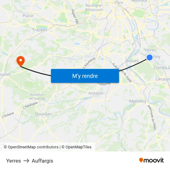 Yerres to Auffargis map