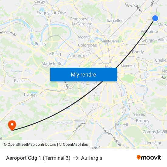 Aéroport Cdg 1 (Terminal 3) to Auffargis map