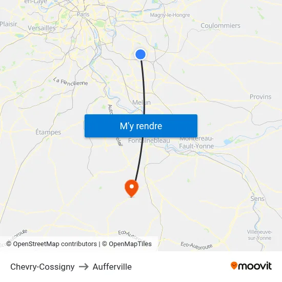 Chevry-Cossigny to Aufferville map