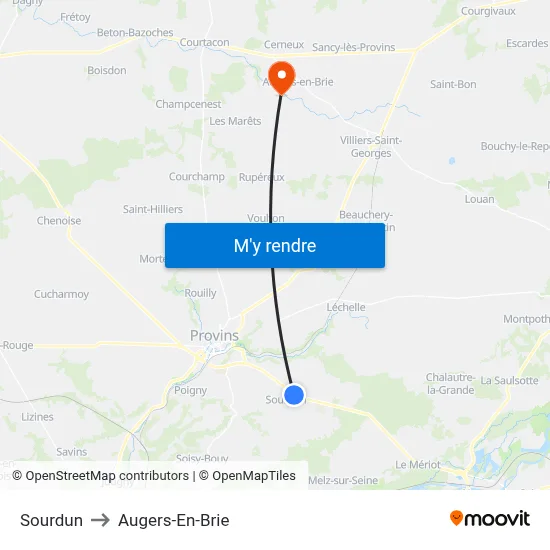 Sourdun to Augers-En-Brie map