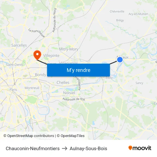Chauconin-Neufmontiers to Aulnay-Sous-Bois map