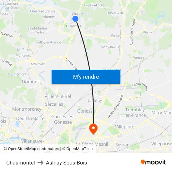 Chaumontel to Aulnay-Sous-Bois map