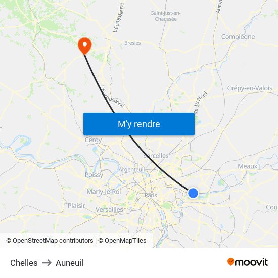 Chelles to Auneuil map