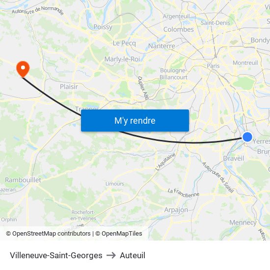 Villeneuve-Saint-Georges to Auteuil map