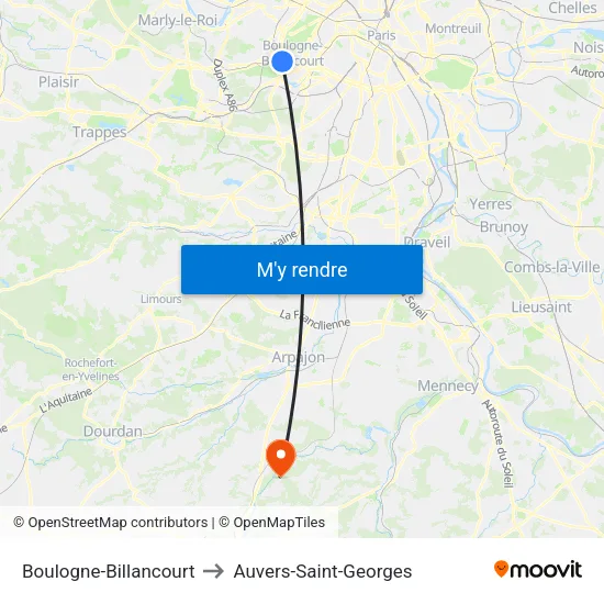 Boulogne-Billancourt to Auvers-Saint-Georges map
