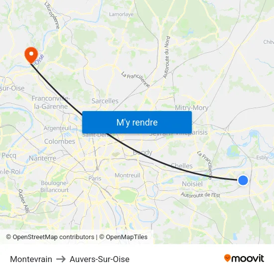 Montevrain to Auvers-Sur-Oise map