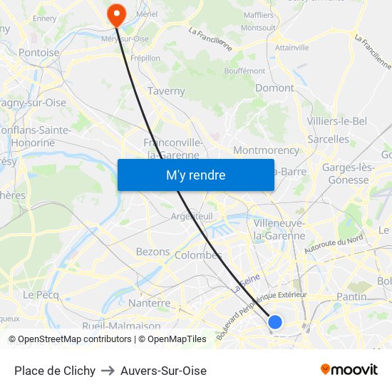 Place de Clichy to Auvers-Sur-Oise map