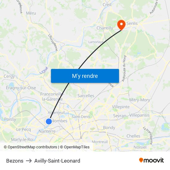 Bezons to Avilly-Saint-Leonard map