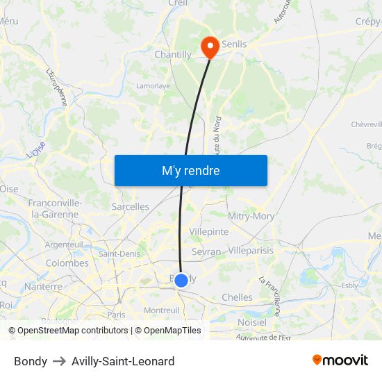 Bondy to Avilly-Saint-Leonard map