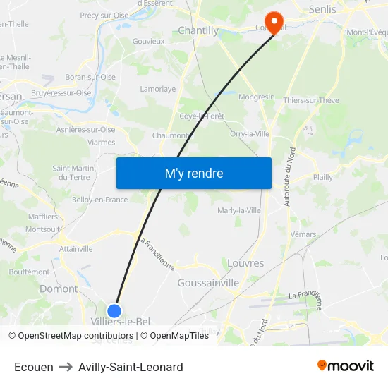 Ecouen to Avilly-Saint-Leonard map
