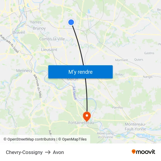 Chevry-Cossigny to Avon map