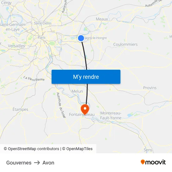Gouvernes to Avon map
