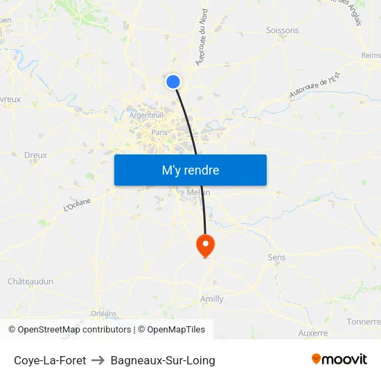 Coye-La-Foret to Bagneaux-Sur-Loing map