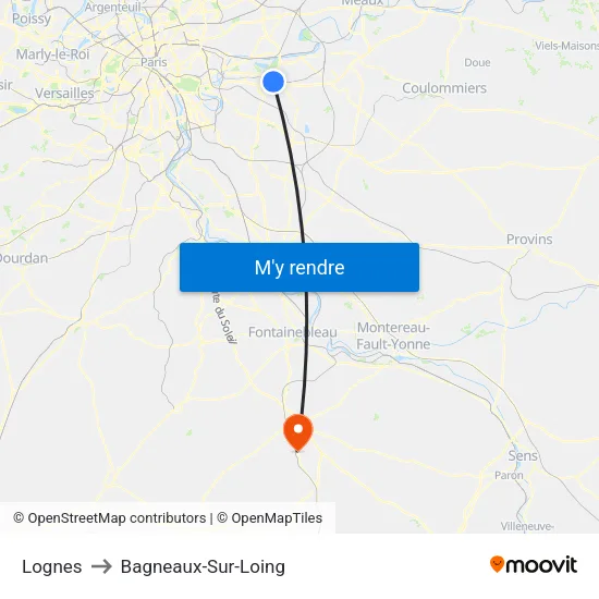 Lognes to Bagneaux-Sur-Loing map