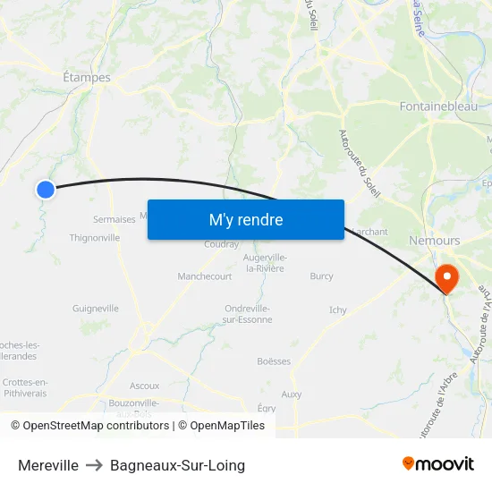 Mereville to Bagneaux-Sur-Loing map