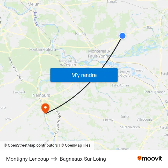 Montigny-Lencoup to Bagneaux-Sur-Loing map