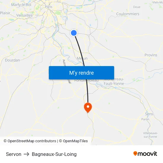 Servon to Bagneaux-Sur-Loing map