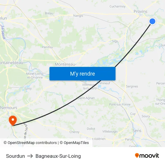 Sourdun to Bagneaux-Sur-Loing map