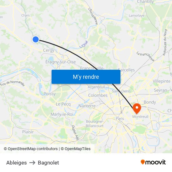 Ableiges to Bagnolet map