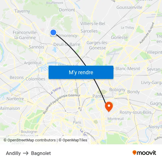 Andilly to Bagnolet map
