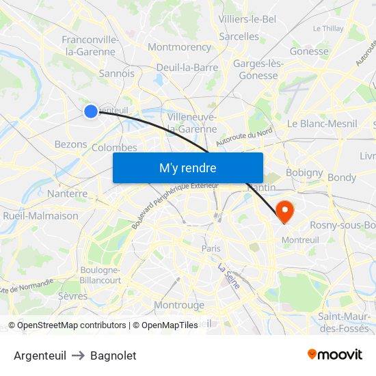 Argenteuil to Bagnolet map