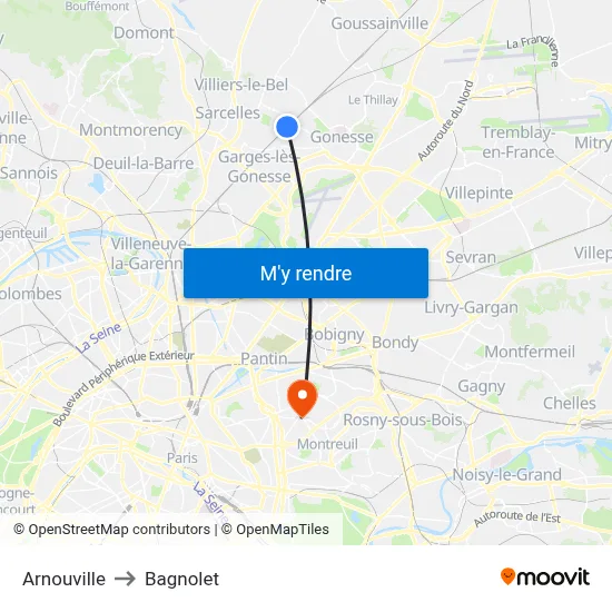 Arnouville to Bagnolet map